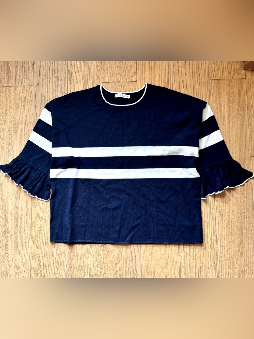 Navy Boxy Striped Sweater With Ruffle Sleeves - Size M NWT